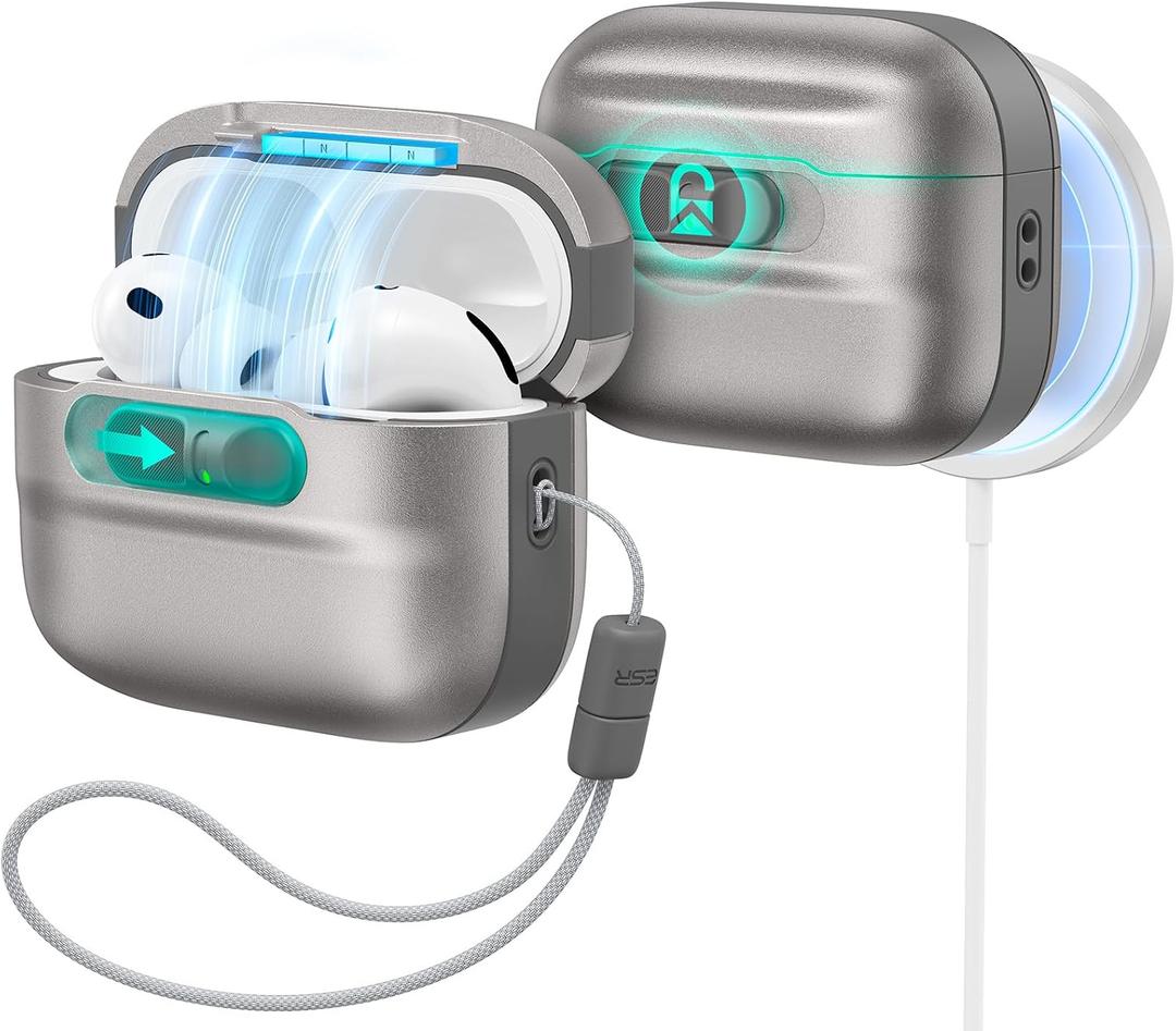 ESR for AirPods Pro 3 Case (2025), Compatible with AirPods Pro 3 (USB-C Cable), MagSafe Ready, Magnetic Lid Lock, Full Drop Protection Cover with Lanyard, Titanium