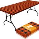 Smiry Picnic Table Cloth 2 Pack, Waterproof Elastic Fitted Tablecloths for 6FT Rectangle Tables, Washable Polyester Buffalo Plaid Tablecloth for Camping, Dining & Outdoor (Black & Orange, 30" x 72")