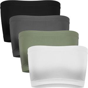 Cooraby Pack of 4 Women Tube Tops Summer Non-Padded Seamless Bra, 4 Colors (Large, Black, White, Light Green, Dark Grey)