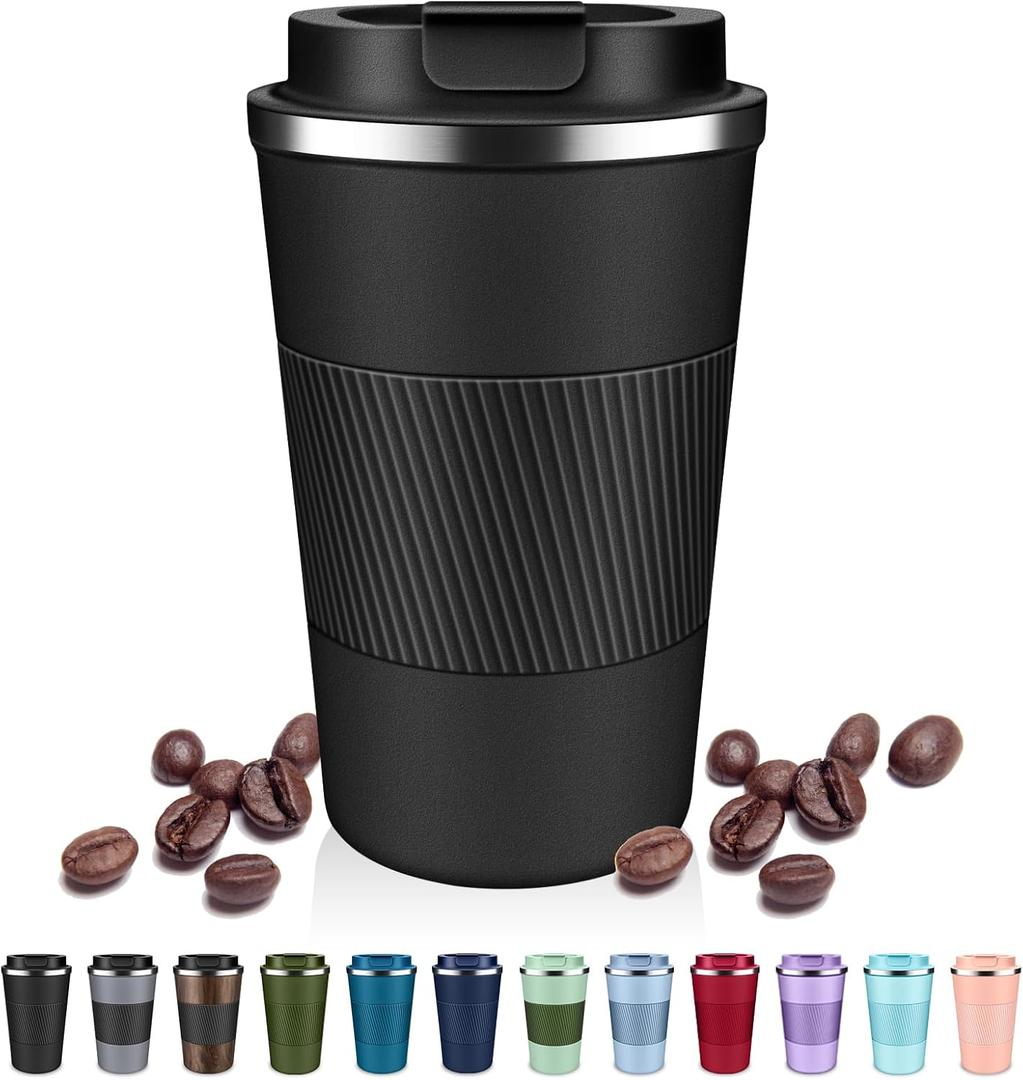 Insulated Coffee Tumblers with Flip Lid 12oz / 17oz, Stainless Steel Travel Coffee Mug Leak Proof, Vacuum Insulated Coffee Mug Reusable Cup, Keeps Cold and Hot for Coffee Tea (Black)