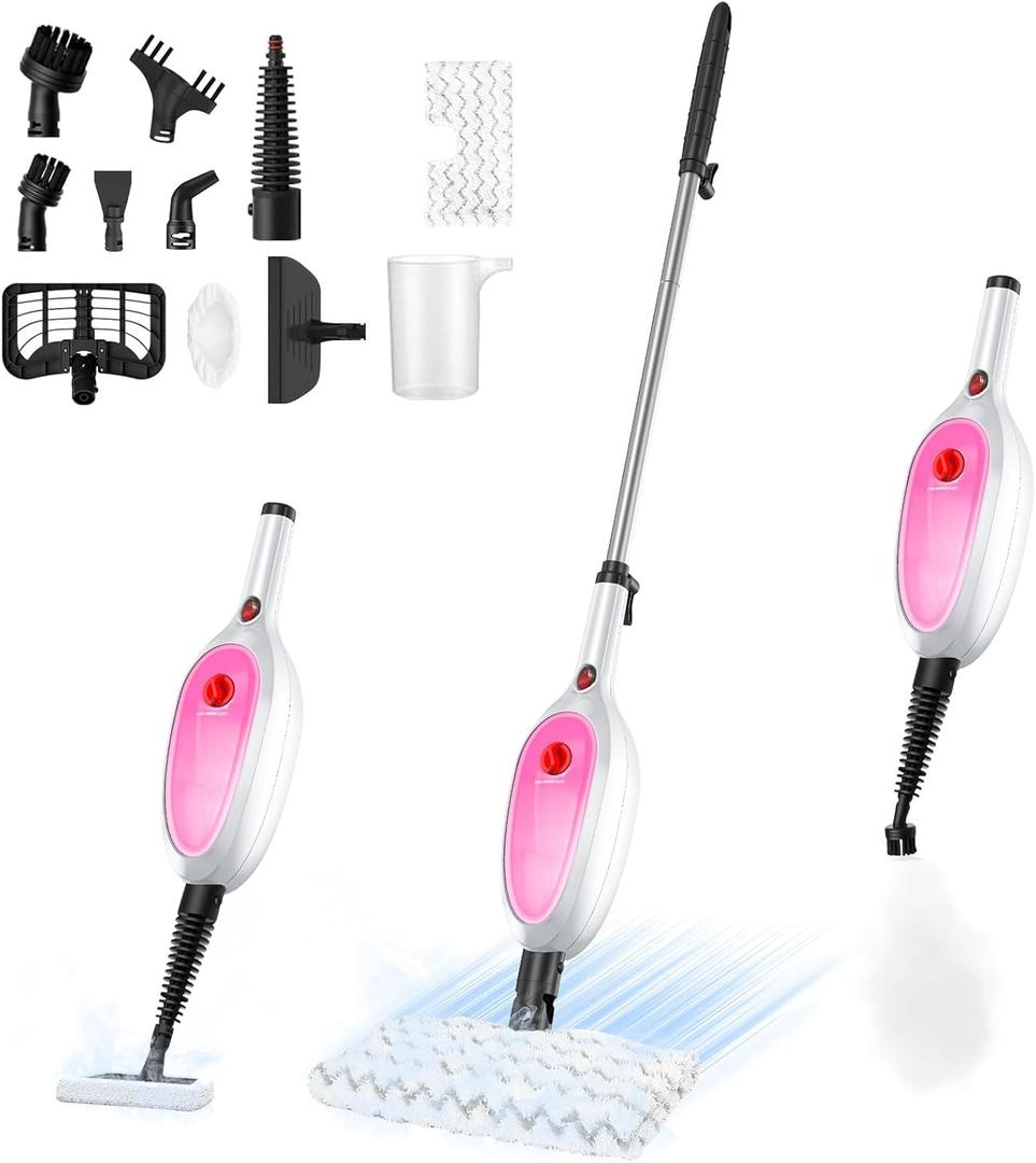 Steam Mop, Detachable Handheld Steam Cleaner with 10-in-1 Multipurpose Accessories, Two-sided Mop, Double Cleaning Area, Multi Surfaces Steamer for Wood Floor, Tile, Window, Clothes, Furniture & Grout (pink)