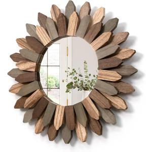 Honiway Boho Wall Decor 12 inch Decorative Mirror with Rustic Wood Sunburst Frame, Perfect for Bedroom, Living Room, Bathroom, Kitchen (Tril Color)