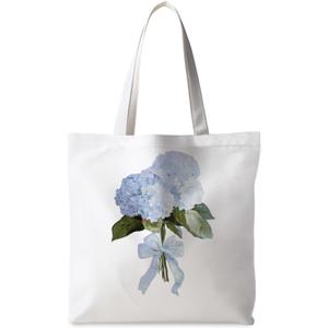 Floral Tote Bag, Blue Summer Floral Flower Hydrangea Canvas Tote Bag for Women, Hydrangea Gifts for Women, Coastal Summer Gift Reusable Grocery Shopping bags