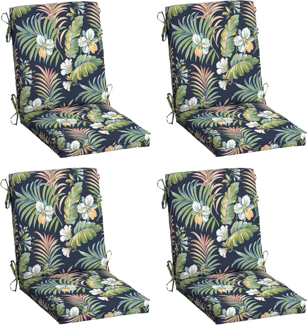Arden 4-Pack Outdoor Patio Dining Chair Cushion, 20x44, Rain-Proof Seat Pad, Fade-Resistant Outdoor Cushion Simone Blue Tropical