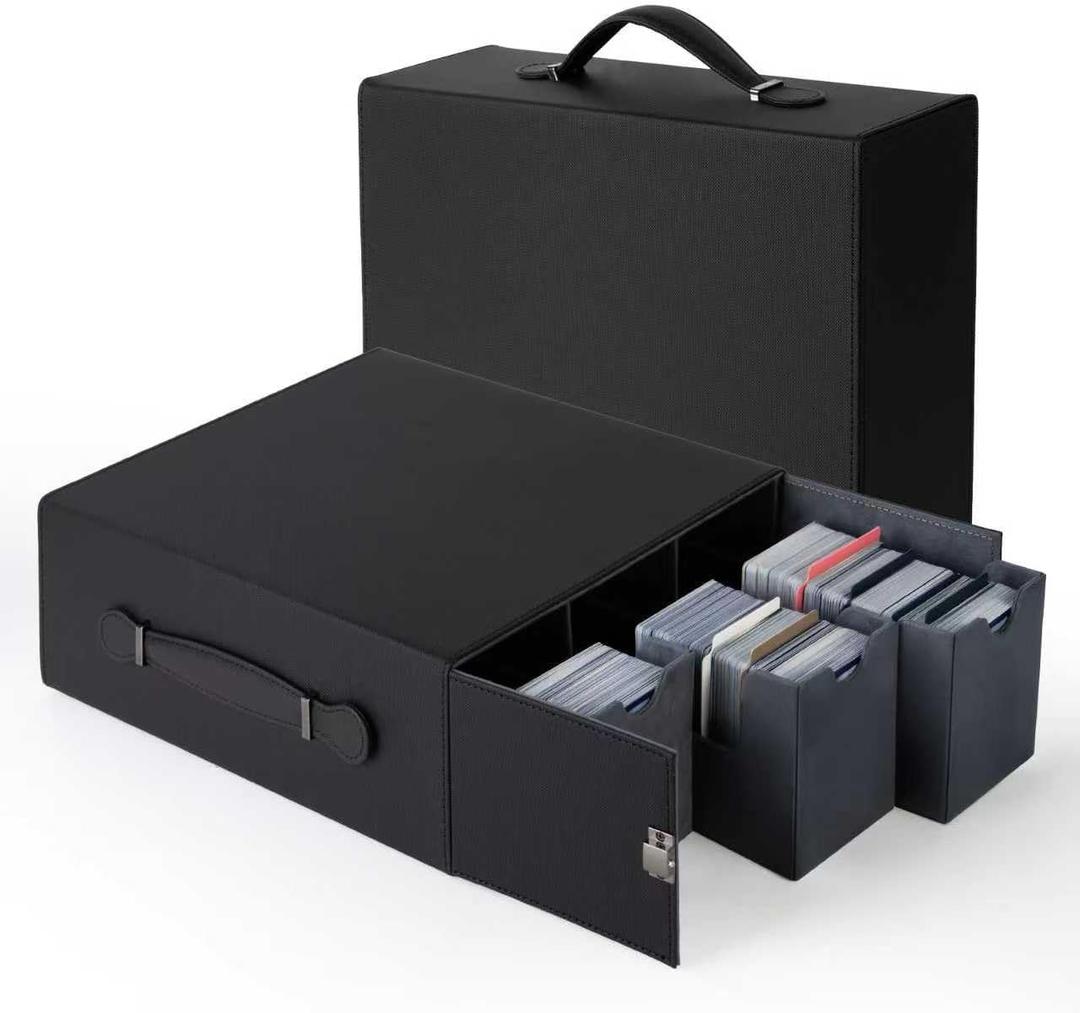 Collectible Trading Card Cases with Portable Handle, with 8Colorful Divider Tabs&3card supporters,PU Leather Commander Card Deck CaseforMTG Game Cards (3 Rows-Black & Grey)