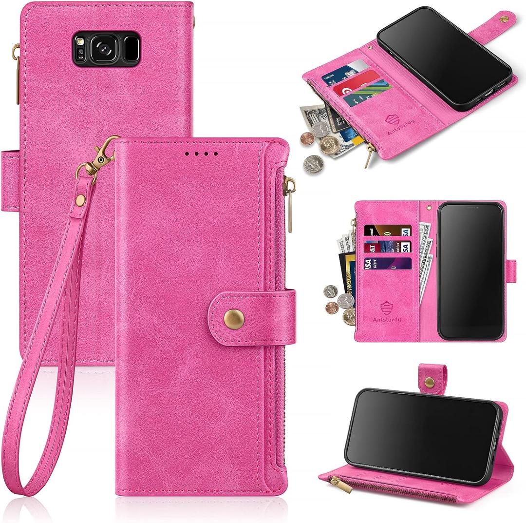 Antsturdy for Samsung Galaxy S8 Wallet Case with Card Holder Women Men,Galaxy S8 Phone Case RFID Blocking PU Leather Flip Shockproof Cover Wrist Strap Zipper Credit Card Slots,Hot Pink