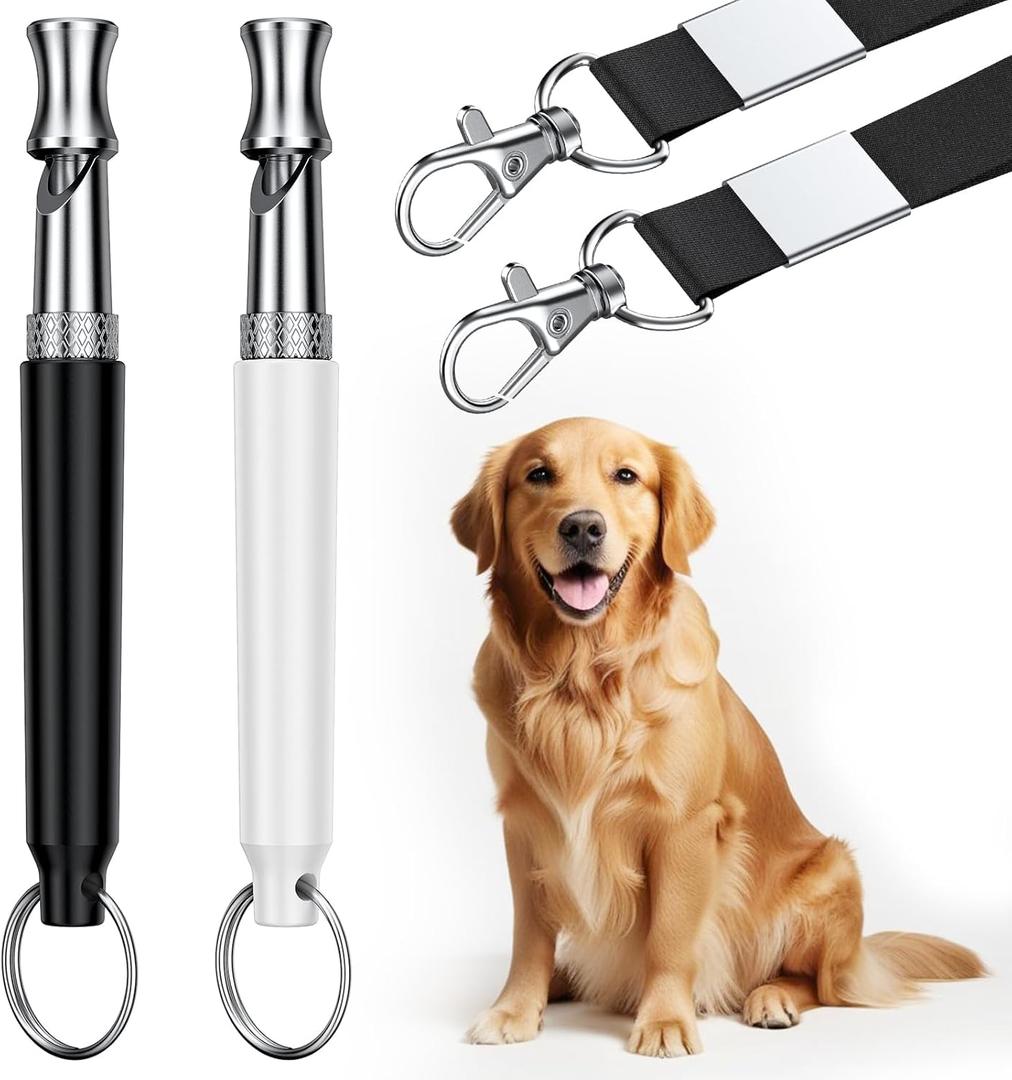 Dog Whistle, 2 Pack Dog Training Whistle with Lanyard, Adjustable Ultrasonic Silent Dog Recall Whistles, Professional Dog Whistle to Stop Barking Neighbors Dog (Black and White)
