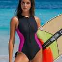 RIHOAS One Piece Swimsuit Women Athletic Racerback Bathing Suit Sport Tummy Control Surfing Zipper Modest Slimming Swimwear (Black, S)