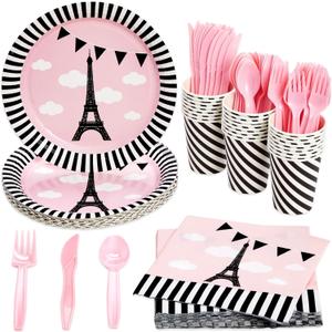 144-Piece Paris Party Supplies Set, Includes Plates, Napkins, Cups, and Cutlery, Ideal for Birthdays and Paris-Themed Parties (Pink & Black, Serves 24)