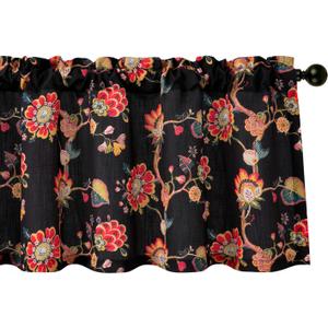 Leeva Vintage Floral Curtains Valances, Light Filtering Curtain Panel for Living Dining Room, Rod Pocket Design (1 Piece, 52 x 18, Red and Black) (M8)
