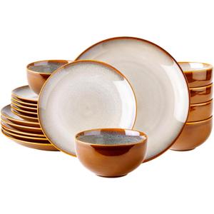 LeRatio Ceramic Dinnerware Sets for 6,18-Piece Plates and Bowls,Handmade Reactive Glaze Dishes Set,Chip Resistant and Scratch Resistant | Oven Dishwasher & Microwave Safe,Service for 6-Kahki (Dreamy Moonlight-Kahki)