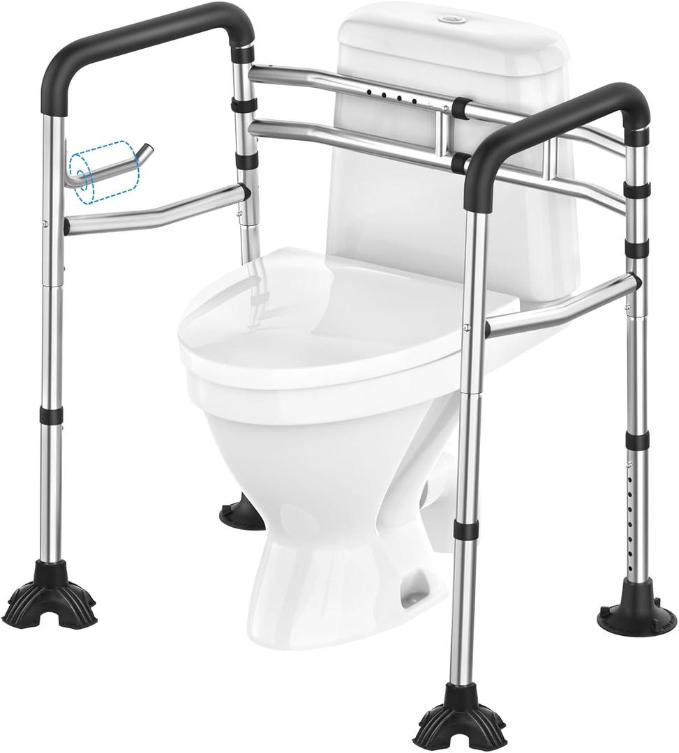 Toilet Safety Rail, 380LB Stainless Steel Toilet Frame with Padded Handles&Paper Holder, Adjustable Detachable Handicap Toilet Rails, Foldable Toilet Support Frame for Elderly