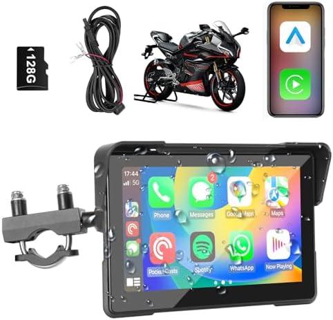 7” HD IPS Touchscreen Wireless Motorcycle CarPlay GPS Display,Bluetooth Navigation System for Motorbikes, IP67 Waterproof Carplay,128GB SD Card Included