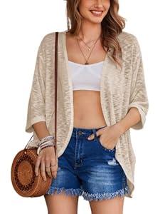 HOTOUCH Womens Lightweight Cardigan Open Front 3/4 Sleeve Casual Loose Fit Beach Cover Up (Small)