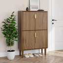 Smuxee Shoe Cabinet with 2 Flip Drawers, 23.6" Walnut Hidden Shoe Storage Cabinet with Line Groove Design, Freestanding Shoe Organizer Cabinet for Entryway, Hallway, Living Room