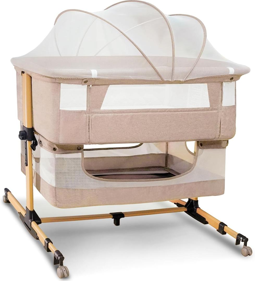 Baby Girl Bassinet, 3 in 1 Bedside Bassinet for Baby, Rocking Bassinet with Mattress and Mosquito Net, 5-Height Adjustable, Breathable Mesh, Easy Assemble Crib for Newborn, Pink, Twin