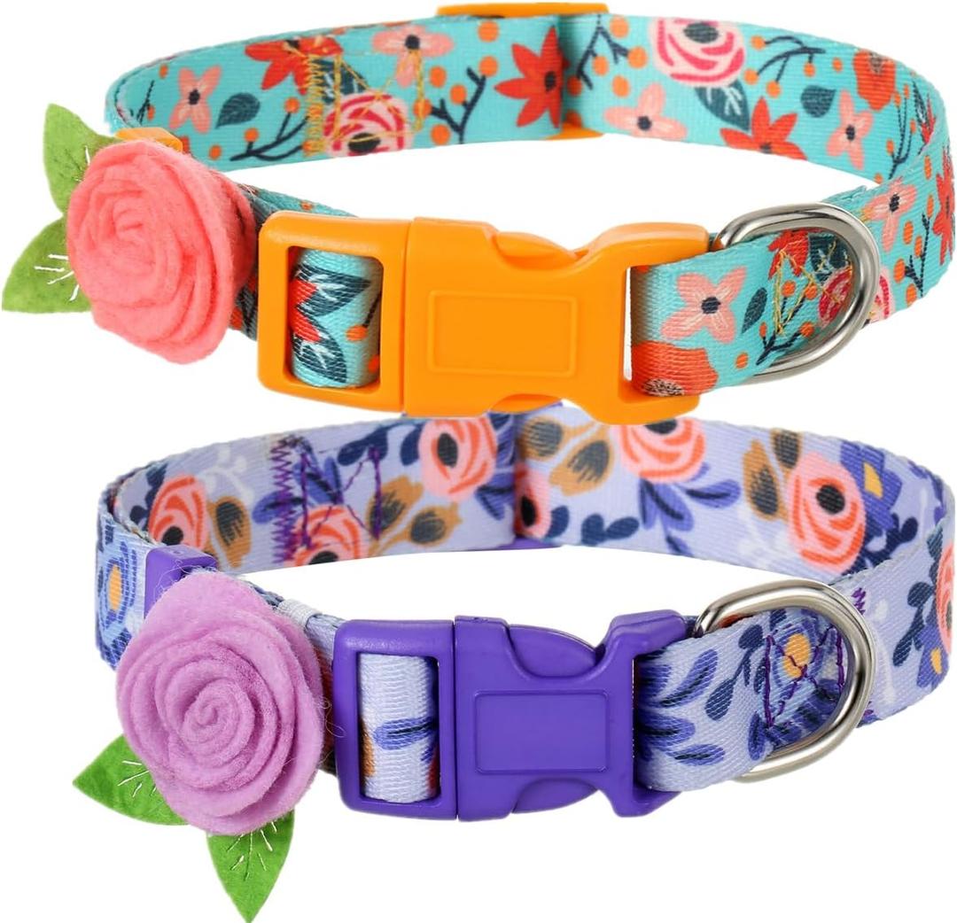 2 Pack Spring Dog Collar for Small Dogs, Quick Release Floral Dog Collar Girl with Flower Bow