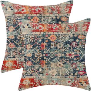 Boho Pillow Covers 16x16 Set of 2, Carpet Rug Design Decorative Navy Blue Red Boho Throw Pillows Linen Farmhouse Bohemian Cushion Pillow Covers for Sofa Couch Outdoor Decor