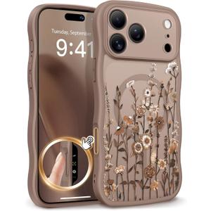 GVIEWIN for iPhone 17 Pro Case Compatible with MagSafe [Curly Wave Edge][Full Camera Protection] Floral Translucent Shockproof Magnetic Women Phone Case for iPhone 17 Pro 6.3'', Floratopia/Brown