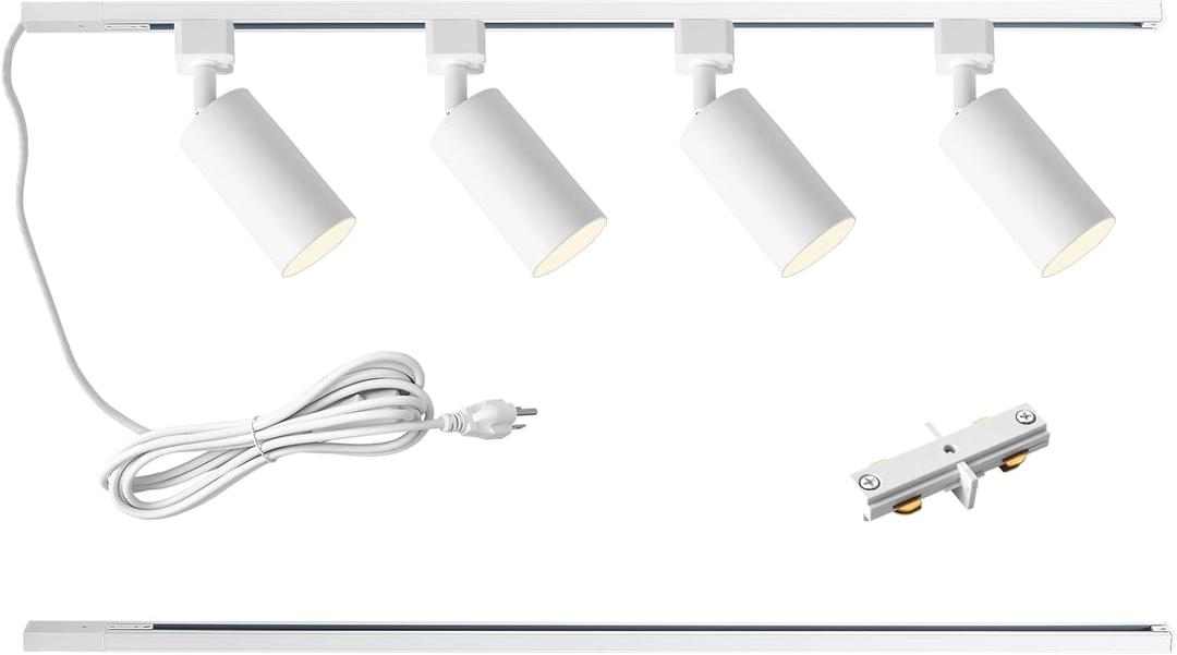 Plug in Track Lighting with Power Cord, 4-Light GU10 Track Lighting Kit with 3.3FT H Type Track Lighting Rails, Modern Kitchen LED Track Lighting Fixtures Ceiling Spot Light, White (No Bulbs)