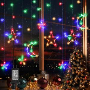 PUHONG Christmas String Lights, 138 LEDs Curtain Lights with 8 Light Modes, 11.48FT Star Moon Indoor Outdoor Fairy String for Window, Bedroom, Wall, Home, Ramadan, Christmas Decoration - Multicolored