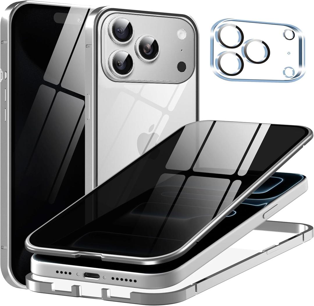 Metal Titanium Privacy Case for iPhone 17 Pro Max, Built-in Privacy Screen Protector & Camera Lens Protector, Magnetic Adsorption Double Sided Tempered Glass Anti Peep Anti Spy Cover for Men Women
