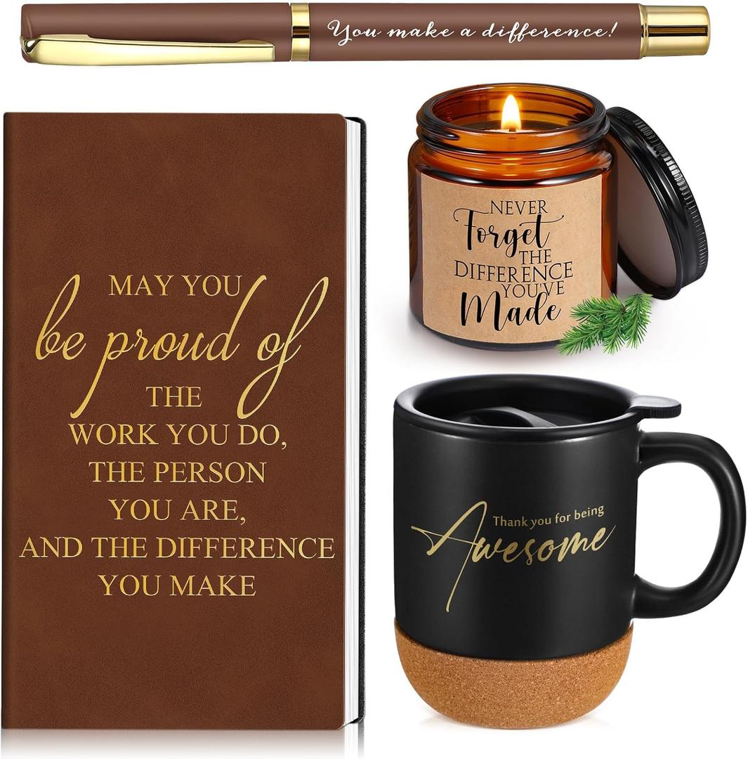 4 Pcs Thank You Gift Set for Men Women Employee Coworker Gifts Inspirational Appreciation Notebook Coffee Mug Scented Candle Pen for Valentine's Day Team Office Staff Teacher Nurse Volunteer (Brown)