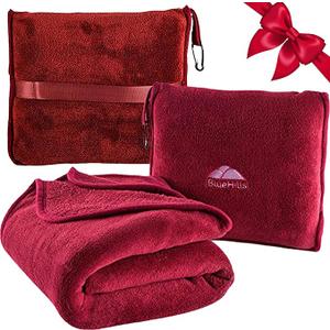 soft Travel Blanket Pillow Airplane Blanket Packed in Soft Bag Pillowcase with Hand Luggage Belt and Backpack Clip Compact Large Long Flights Traveler Essentials Lightweight Red T001