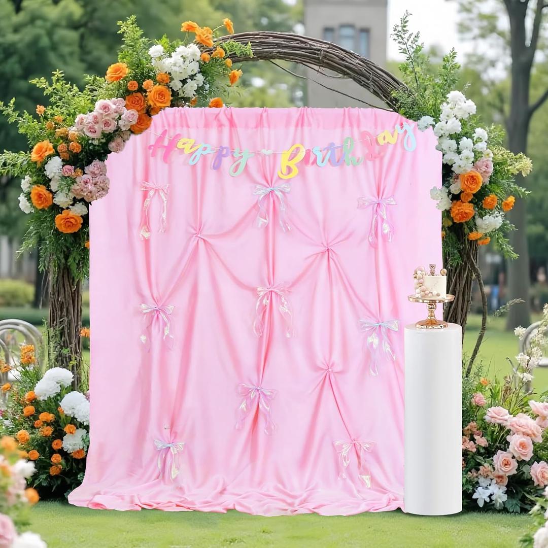 Pink Backdrop Bow Birthday Party Backdrop - 6ft x 8ft DIY Photo Booth Props Background Curtains Drapes for Girls Baby Shower Easter Spring Photoshoot Decorations