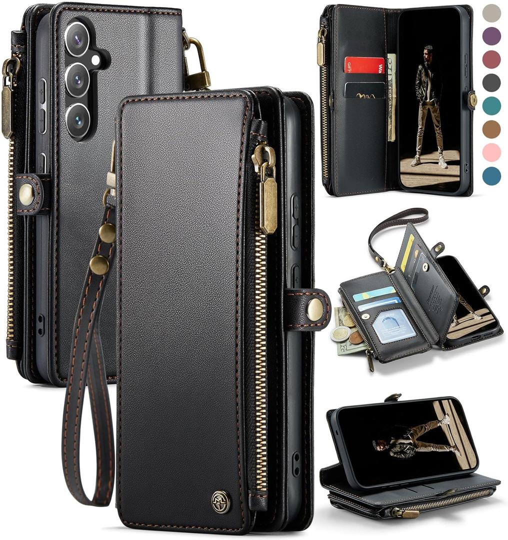 Defencase for Galaxy S25 Case Wallet with RFID Blocking Card Holder for Women Men, Elegant PU Leather Magnetic Snap Flip Wristlet Strap Zipper Wallet Phone Cases for Samsung Galaxy S25 5G 6.2", Black