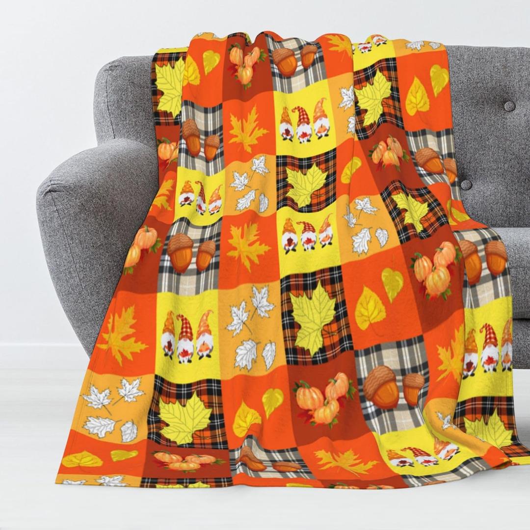 Luxury Fall Throw Blanket for Couch - Super Soft Flannel Autumn Blanket with Pumpkins Maple Leaves Gnomes Buffalo Check Plaid Patterns, Cozy Lightweight Throw for Sofa, Bed, Living Room, 40"x30"