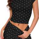 TITOMD Women's 2 Piece Outfits Polka Dot Skirt Sets Cap Sleeve Boat Neck Top Micro Mini Skirt Skort Sets Black, M