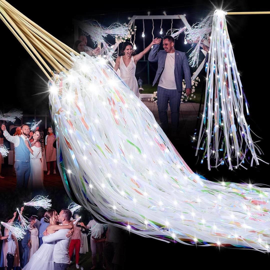 Simgoing 24 Pcs Lighted Wedding Wands LED Tinsel Wands Light up Streamers Sparklers for Wedding Send Off and Exits Birthday Party Props Favors(White Tinsel)