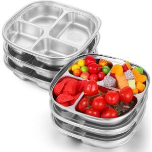 SHENLIU 6 Pack Stainless Steel Snack Containers with Lids, Reusable 4 Compartments Bento Boxes Snack Lunch Box Portion Control Plate for Divided Food Storage Container for Home Travel Camping