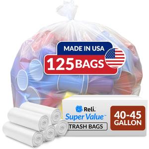 Reli. SuperValue 40-45 Gallon Trash Bags Heavy Duty | 125 Trash Bags | Super Sizeable for Serious Garbage Cleanup (Clear)