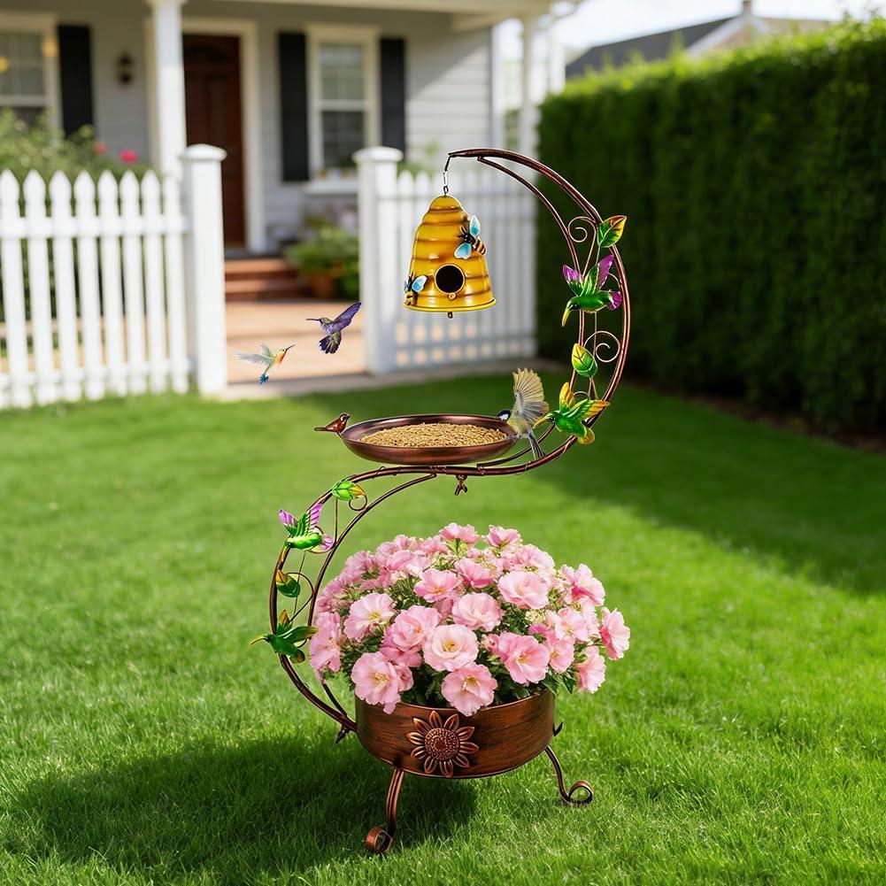 DREAMSOUL Bird Bath with Flower Planter, Vintage Copper Birdbath with Bird House, Metal Bird Bath for Outside Garden Yard