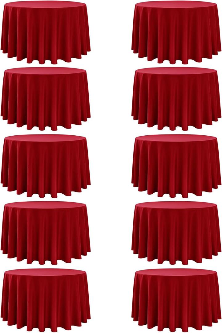 10-Pack Red Round Tablecloths, 108 Inches, Stain-Resistant Polyester for 4-5 Ft Round Tables - Washable Table Covers for Weddings, Banquets, Birthday Parties, Events