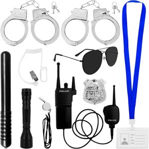 10 Pcs Police Costume Accessories for Adults  Cop Cosplay Set with Flashlight, Badge, ID Card, Baton, Sunglasses & More for Halloween, Role Play, and Dress-Up Parties