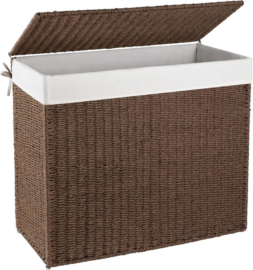 OIAHOMY Large Laundry Hamper with Lid, 35.7 Gal (140L) Wicker Hamper with Removable Liner Bag, Handwoven Clothes Basket with Handles, Foldable Paper Rope Basket for Laundry Room, Bedroom-Brown