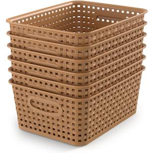 WYT 6-Pack Plastic Small Shelf Storage Weave Baskets Organizing for Cabinets and Pantries, Light Brown