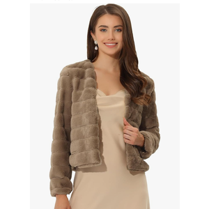 Allegra K Women's Faux Fur Coat Long Sleeve Cropped Fluffy Jacket Collarless Casual Winter Warm Outwear XS