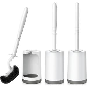 HAMITOR Toilet Bowl Brush Holder Set: Curved Design with Holder for Deep Cleaning Under Rim - Compact Hidden Scrubber for Small Space - Modern RV Bathroom Accessories - 3 Pack (White)