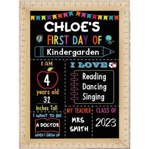 Pajean First and Last Day of School Board Sign Chalkboard with Ruler Frame Printing, Reusable Back to School Board Wooden Double Sided Photo Prop, 14 x 10 Inch