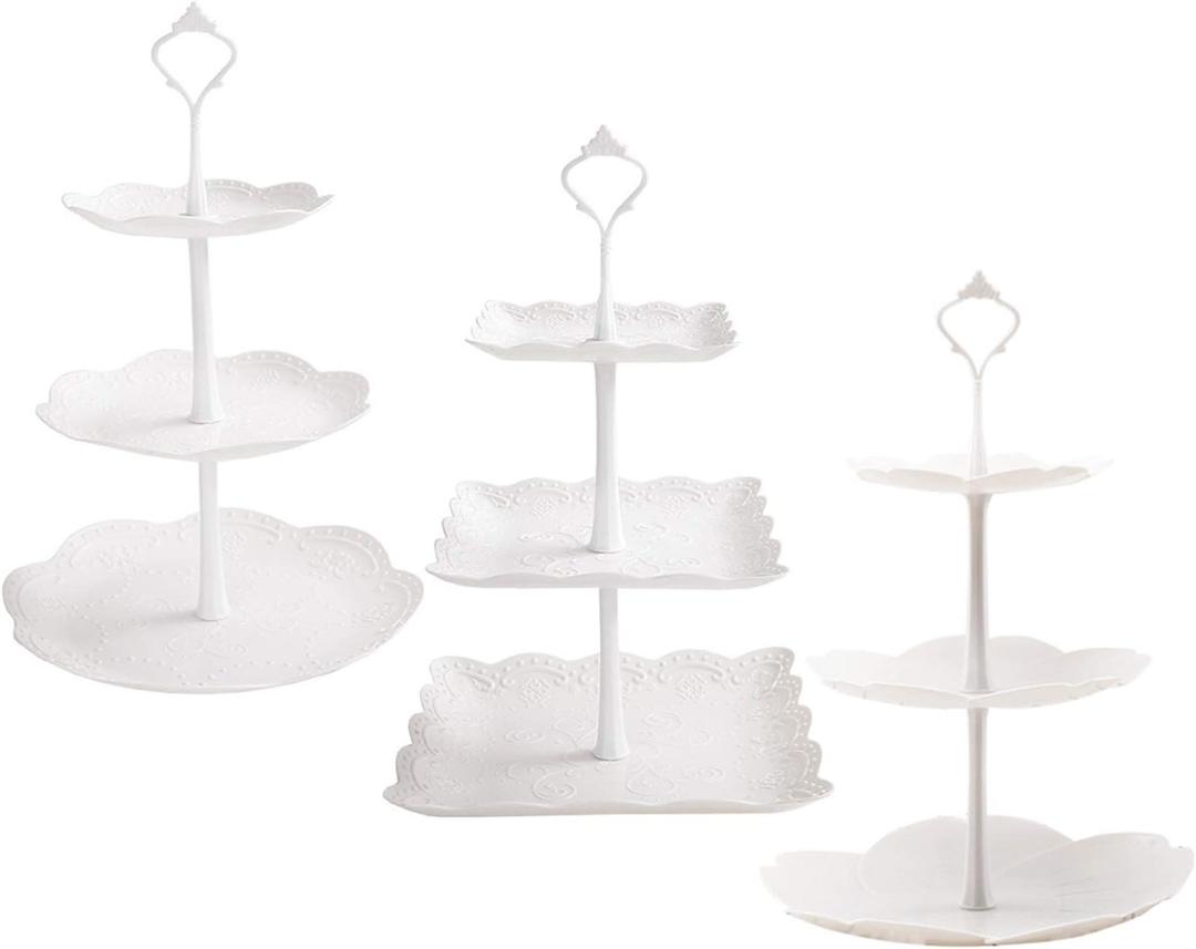 Tosnail 3 Pack 3 Tiers White Plastic Cupcake Stand Dessert Stand Tiered Serving Trays - Round, Square, Flower
