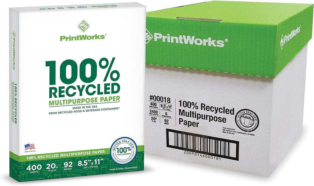 PrintWorks 100% Recycled Printer Paper 8.5" x 11" White - 20 lb Copy & Multipurpose Computer Paper - 6 Packs, 2400 Sheets - Made in the USA - 92 Bright - Printer & Copier Compatible (00018C)