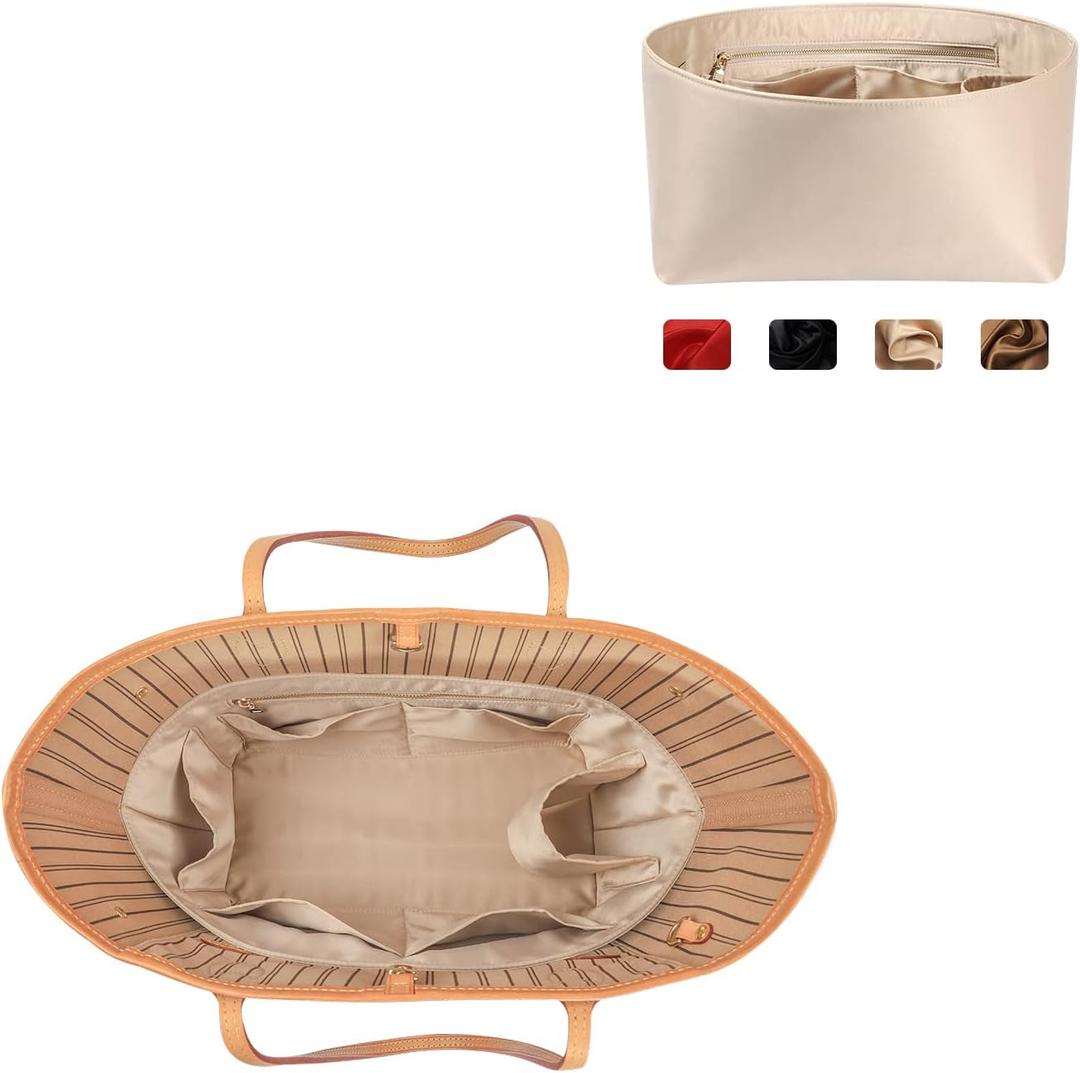 ZTUJO Purse Organizer Insert For Handbags, Silk Purse Organizer with Zipper, Silky Smooth, Bag Organizer For Speedy Never full Tote, on the go, Artsy, 6 Sizes (Small, Silky Beige)