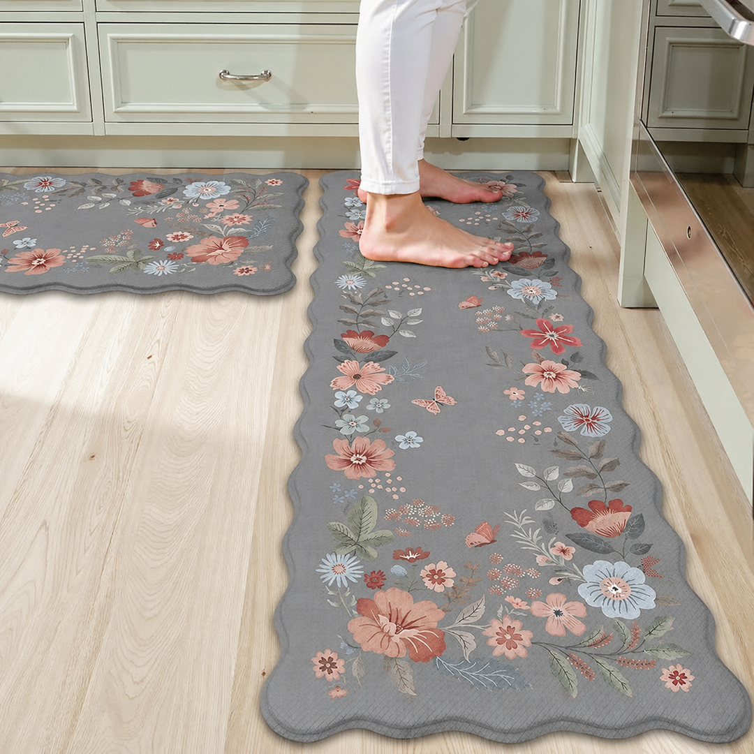Collive Anti Fatigue Kitchen Mats, Scalloped Grey Floral Kitchen Rugs Set of 2 Non Slip Waterproof Standing Mat, Memory Foam Comfort Desk Rug for Office, Sink, Laundry, 17.3"x29"+17.3"x47"