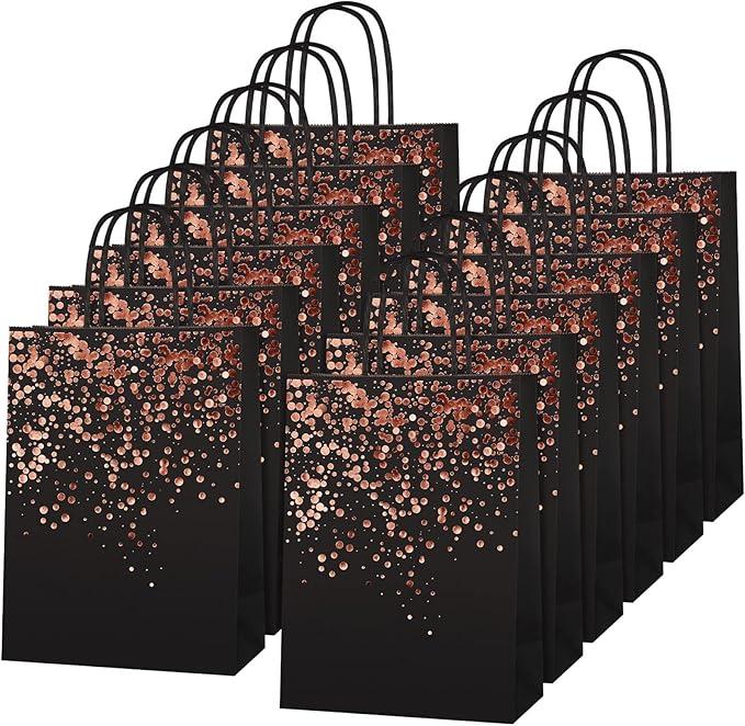 20 Pieces Rose Gold Gift Bags Birthday Party Favor Bags Bronzing Kraft Paper Goodie Treat Bags with Handle for Birthday, Wedding, Hen Party Celebrations