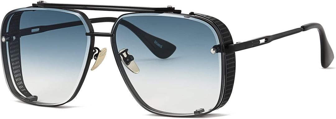 Gtand Fashion Oversized Square Aviator Gradient Sunglasses For Men Vintage Metal Side Shield Steampunk Sun Glasses 64mm (C7 Black Frame/Gradient Blue Lens)