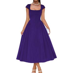 Mokayee Womens Summer Cap Sleeve Square Neck Elegant Tea Party A Line Cocktail Swing Wedding Guest Dresses (Purple, S)